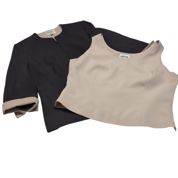 VTG Kasper Suit Jacket / Top Blouse Set Women's 14P 14 Petite Black Tan Career - Picture 3 of 16